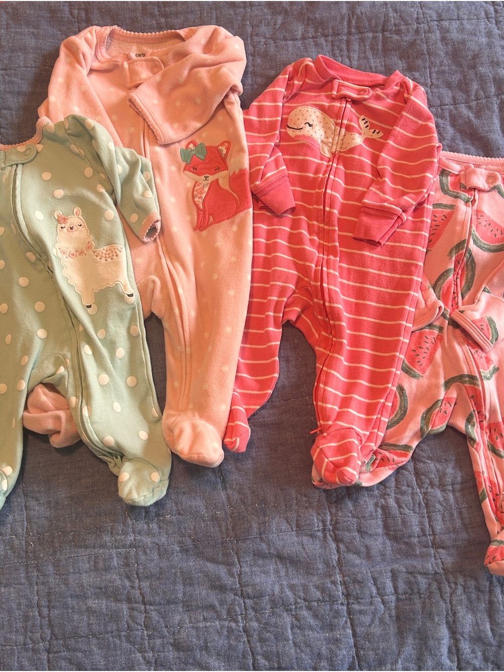 Carter's Mixed Pink and Mint Baby Footie Lot with Animal Prints 0-3 months